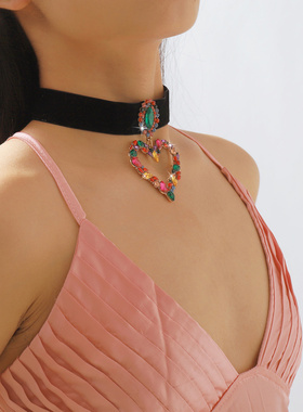 跨境欧美镶钻爱心项链冷淡风夸张