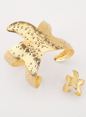 欧美跨境新款钛钢开口海星戒指手镯女 夏季休闲海洋假日风手饰