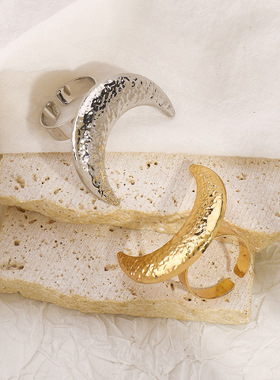 欧美时尚个性ins风金属高端戒指女 复古夸张流行月亮肌理感开口戒