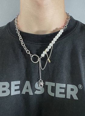 回形针珍珠拼接层次钛钢项链