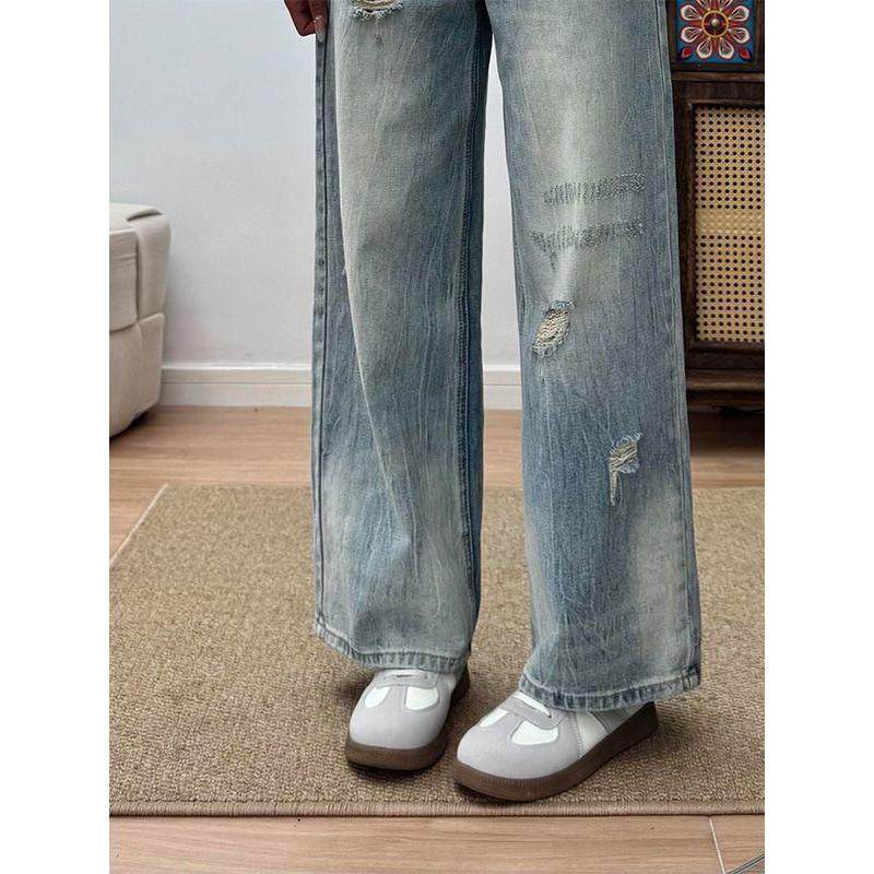 2025年秋季新款复古高腰宽松显瘦破洞牛仔裤女新款设计感直筒阔腿,淘宝优惠券,粉丝福利购,淘宝优惠卷