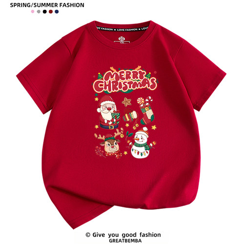 Christmas圣诞老人麋鹿红色绿色圣诞节T恤男女儿童圣诞亲子装大码 - 图2