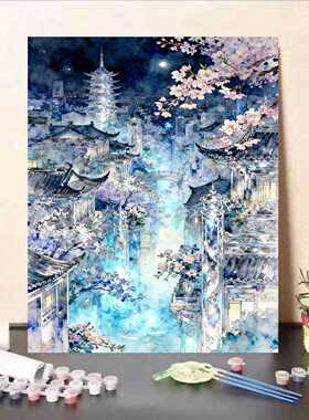 DIY数字油画古建筑樱花夜景手绘油画新手填充画装饰画自己画填色