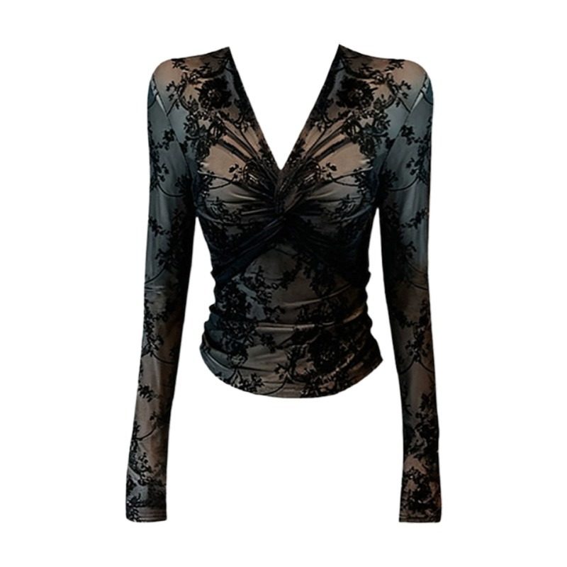 大码美式辣妹黑色V领蕾丝衫女2026新款掐腰显瘦内搭打底衫上衣ins,淘宝优惠券,粉丝福利购,淘宝优惠卷