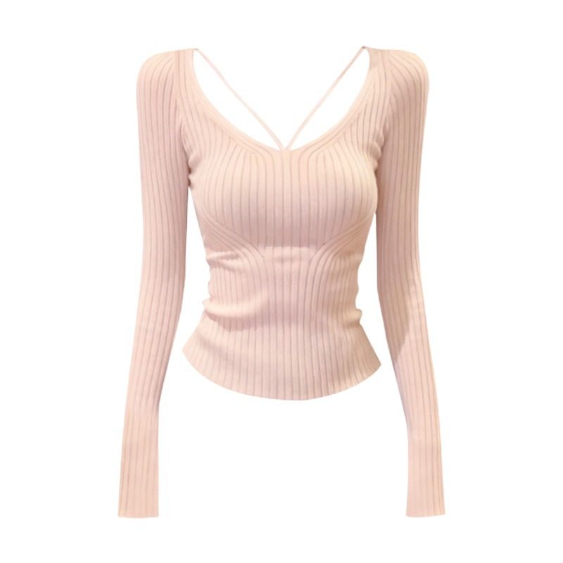 大码粉色性感大U领长袖针织打底衫女秋冬季修身显瘦收腰百搭毛衣 - 图3