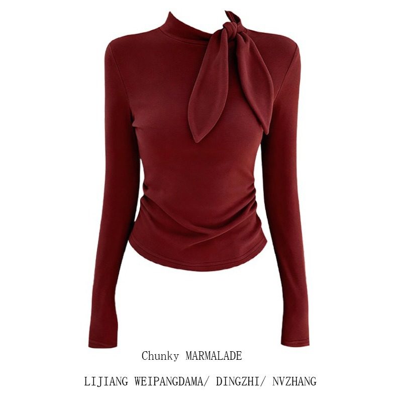 新年氛围感穿搭红色蝴蝶结打底衫女大码小众百搭修身显瘦长袖上衣,淘宝优惠券,粉丝福利购,淘宝优惠卷