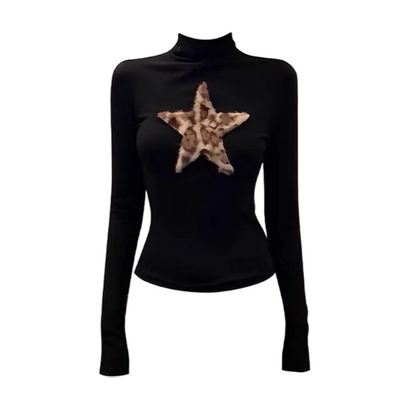 大码复古豹纹五角星长袖T恤女2026新款半高领修身显瘦辣妹风上衣,淘宝优惠券,粉丝福利购,淘宝优惠卷