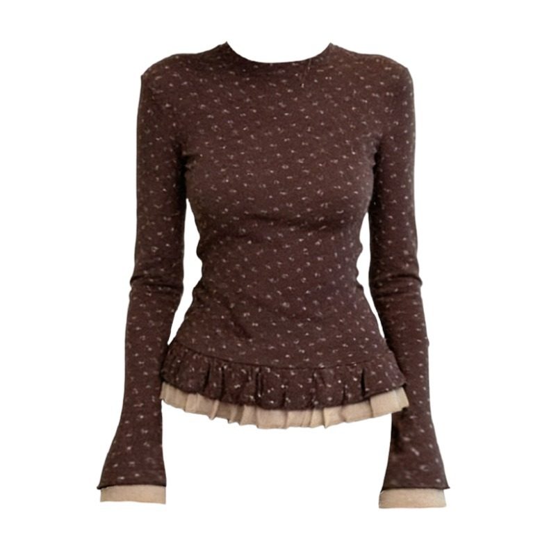 大码复古圆领双层花边设计感碎花长袖T恤秋冬喇叭袖修身显瘦上衣,淘宝优惠券,粉丝福利购,淘宝优惠卷