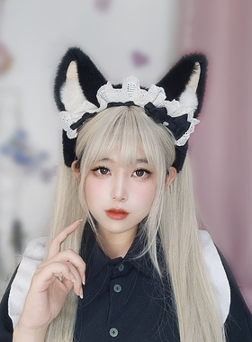 毛绒lolita头箍蕾丝蝴蝶结头饰仿真兽耳女仆柯基发饰日系KC发箍
