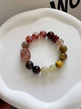 仲夏荼靡 黑金超七水晶手串大珠子天然茶晶虎眼招米手链高级感