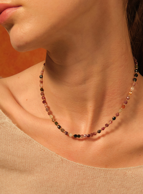 LAZY CIRCLES小方糖串珠锁骨链红玛瑙碧玺项链女朋友礼物配饰