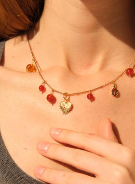 LAZY CIRCLES星芒爱心枫糖金链红玛瑙多吊坠流苏项链女朋友新年礼