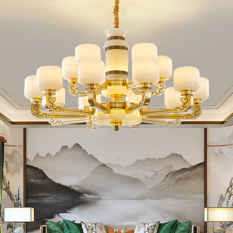 新中式全铜玉石客厅吊灯中国风餐厅卧室灯高端大气别墅复式楼大灯 - 图0