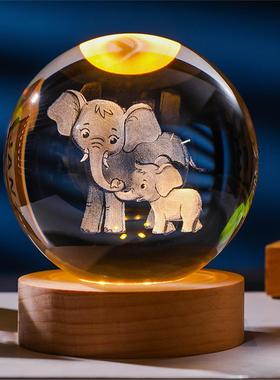 3D内雕水晶球小夜灯实木底座