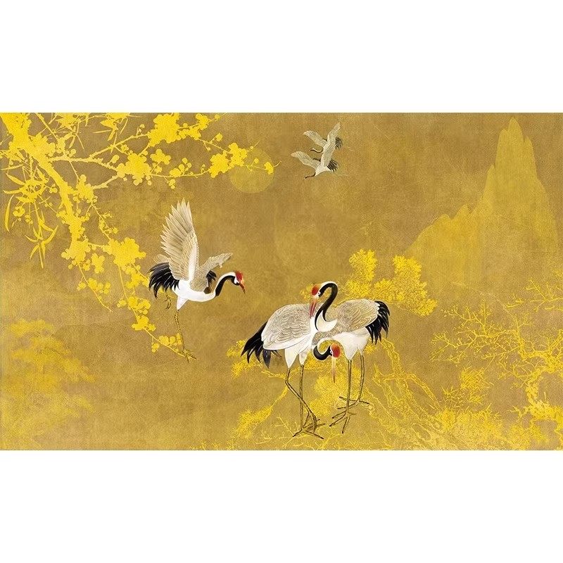 定制新中式民宿酒店金枝仙鹤壁纸复古中古风客厅沙发背景墙纸墙布,淘宝优惠券,粉丝福利购,淘宝优惠卷