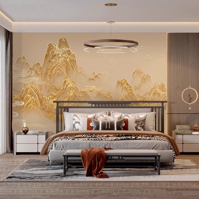 新款千里江山图壁纸新中式山水壁布轻奢鎏金墙布客厅电视背景墙纸,淘宝优惠券,粉丝福利购,淘宝优惠卷