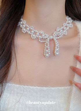 不锈钢蝴蝶结珍珠项链复古优雅