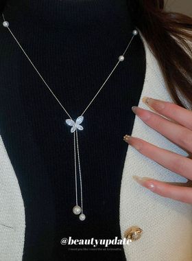 韩系锆石蝴蝶珍珠项链精致小众
