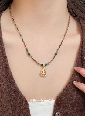 民族风锆石虎眼石葫芦项链新中式