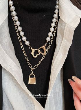 辣妹风爱心小锁链条珍珠项链时尚