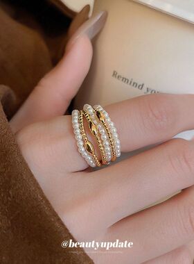 真金电镀多层珍珠开口戒指小众