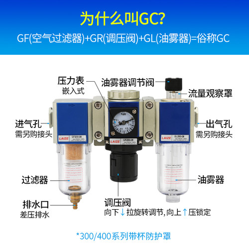 亚德客型气源处理器过滤GFC200油水分离器二联件GFR气动调压阀GR - 图3