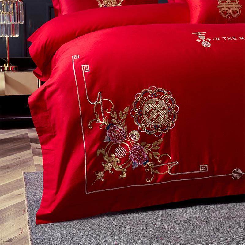 新中式200支婚庆四件套红色纯棉刺绣六件套床单全棉结婚床上用品4,淘宝优惠券,粉丝福利购,淘宝优惠卷