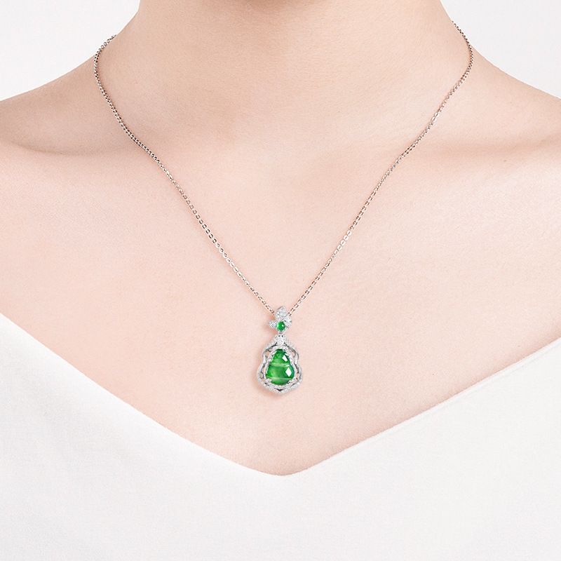 翠莹福天然a货翡翠阳绿葫芦S925银镶冰种玉石吊坠女款时尚 D315 - 图2
