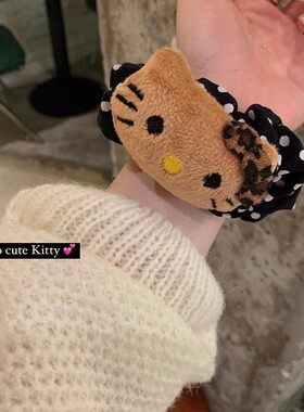 可爱毛绒Kitty猫黑白波点大肠发圈高级感马尾丸子头头绳皮筋发饰