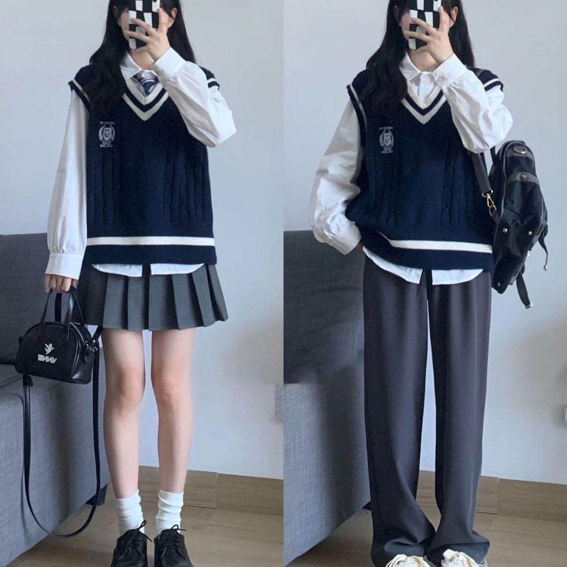 胖薯大码套装春秋学院风条纹针织毛衣马甲搭配衬衣百褶裙三件套,淘宝优惠券,粉丝福利购,淘宝优惠卷