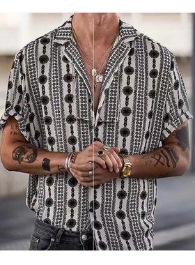 2023欧美印花衬衫翻领短袖男士休闲上衣Men's short sleeve s