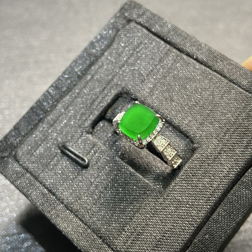 天然危地马拉翡翠A货冰种满绿戒指925银镶方糖戒指女款方戒 - 图0