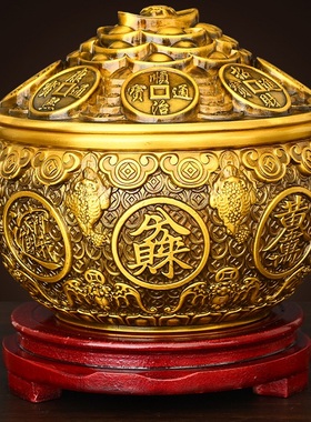 纯黄铜盖聚宝盆摆件家居装饰礼品