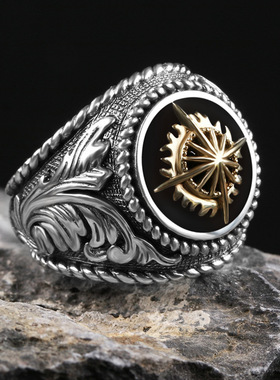 日本coss kokos925银戒指男士个性嘻哈复古金色光芒欧美食指环