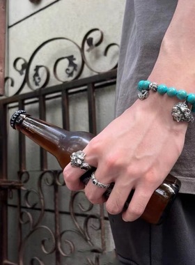 日本coss koko日本潮男银饰银永恒戒指蓝色托帕石对戒复古个性