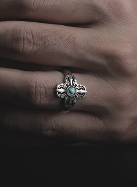 日本coss koko复古戒指男十字降魔杵银指环镶嵌绿松石金刚杵复古