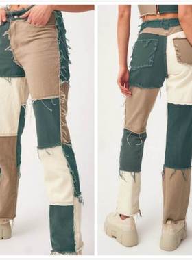 Women's plaid contrast color slim high waist jeans长裤蓝色