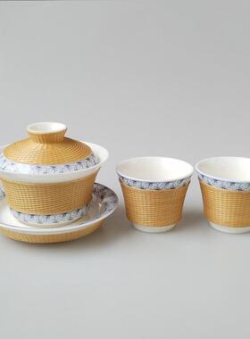 竹丝扣盖瓷碗茶具四川非遗瓷胎竹编青n78HS7VJ瓷盖碗装套商务礼送