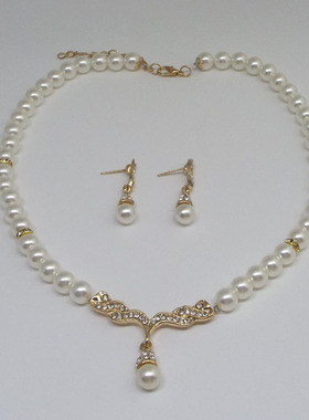 Cross Border Bridal Pearl Necklace Earrings Set Jewelry套装