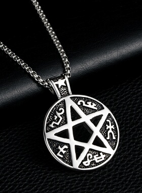 2025欧美个性五角星 钛钢不锈钢嘻哈项链梵文六芒星配饰