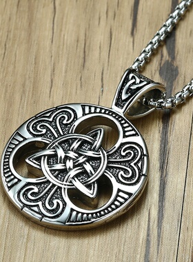 欧美复古潮男朋克爱尔兰同心结圆牌吊牌吊坠项链毛衣配不锈钢链