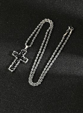 嘻哈毛衣链吊坠荆棘十字架项链男黑色高级感男女街头朋克风项链