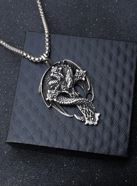 欧美新款不锈钢十字架骷髅头盘龙吊坠 复古做旧钛钢男士项链配饰