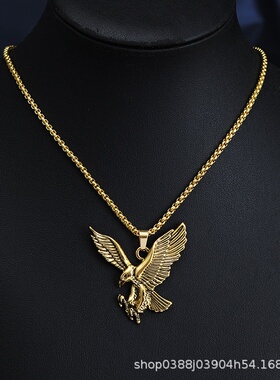 2025跨境秋季新款欧美炫彩渐变老鹰吊坠项链个性钛钢长款毛衣链男