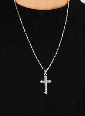 欧美跨境镶钻金色十字架吊坠项饰时尚简约不掉色毛衣链男服饰礼品