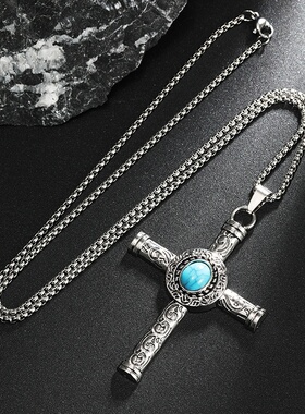 2025新款欧美绿松石十字架项链男长款哥特复古风不锈钢吊坠毛衣链