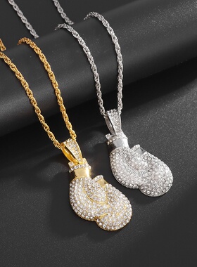 欧美嘻哈个性boxing gloves拳击手套吊坠铜镶锆石潮人hiphop项链