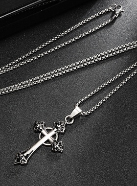 欧美跨境饰品菱形项链十字架吊坠项饰简约复古不掉色男装饰毛衣链
