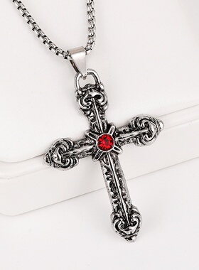 欧美复古十字架项链男女嘻哈百搭合金吊坠简约长款卫衣配饰潮