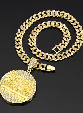 新款欧美跨境嘻哈潮男项链大圆盘晚宴晚餐吊坠合金满钻古巴链工厂